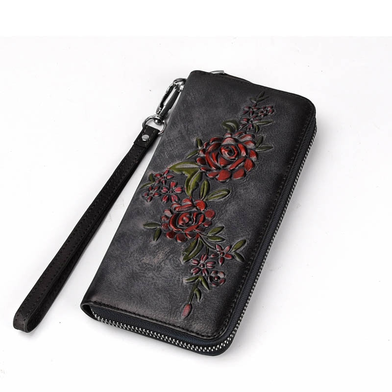 Jenya/Ujhin Cow Leather Embossed Floral Long Wallet